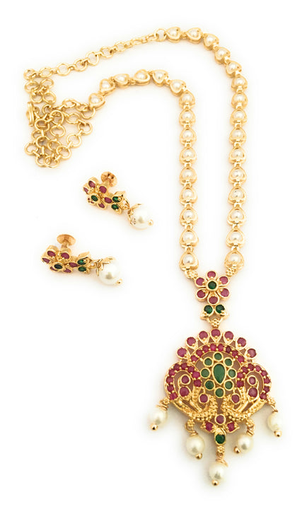 Micro Gold Plated Peacock Floral Pendant Pearl Necklace Jewellery Set for Women - Latest Traditional Design
