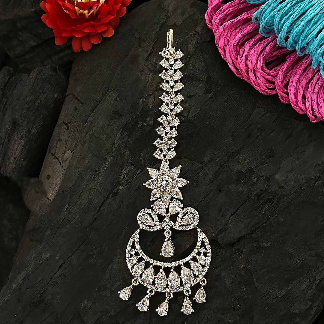 Festive Collections - Rose Gold Chandbali Motif AD Maang Tikka Set