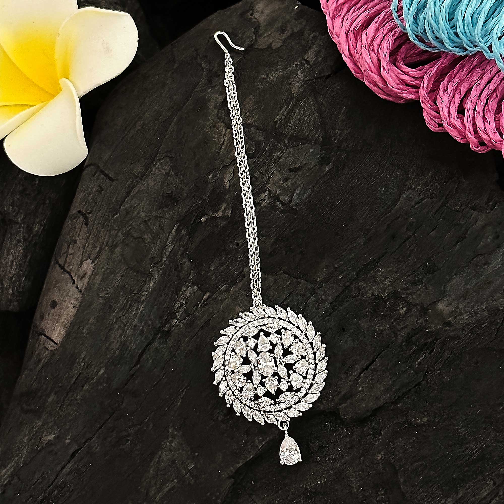 Stunning Rhodium Silver Plated AD Floral Motif Maang Tikka for Women Sasitrends