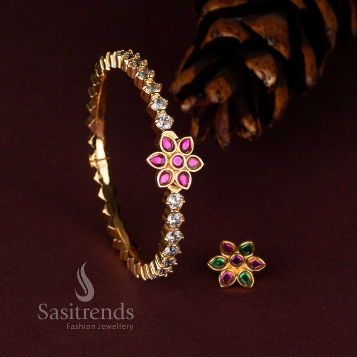 One Gram Micro Gold Plated Floral Kemp Stone Openable Screw Type Changeable Stone Bracelet Bangle - Sasitrends