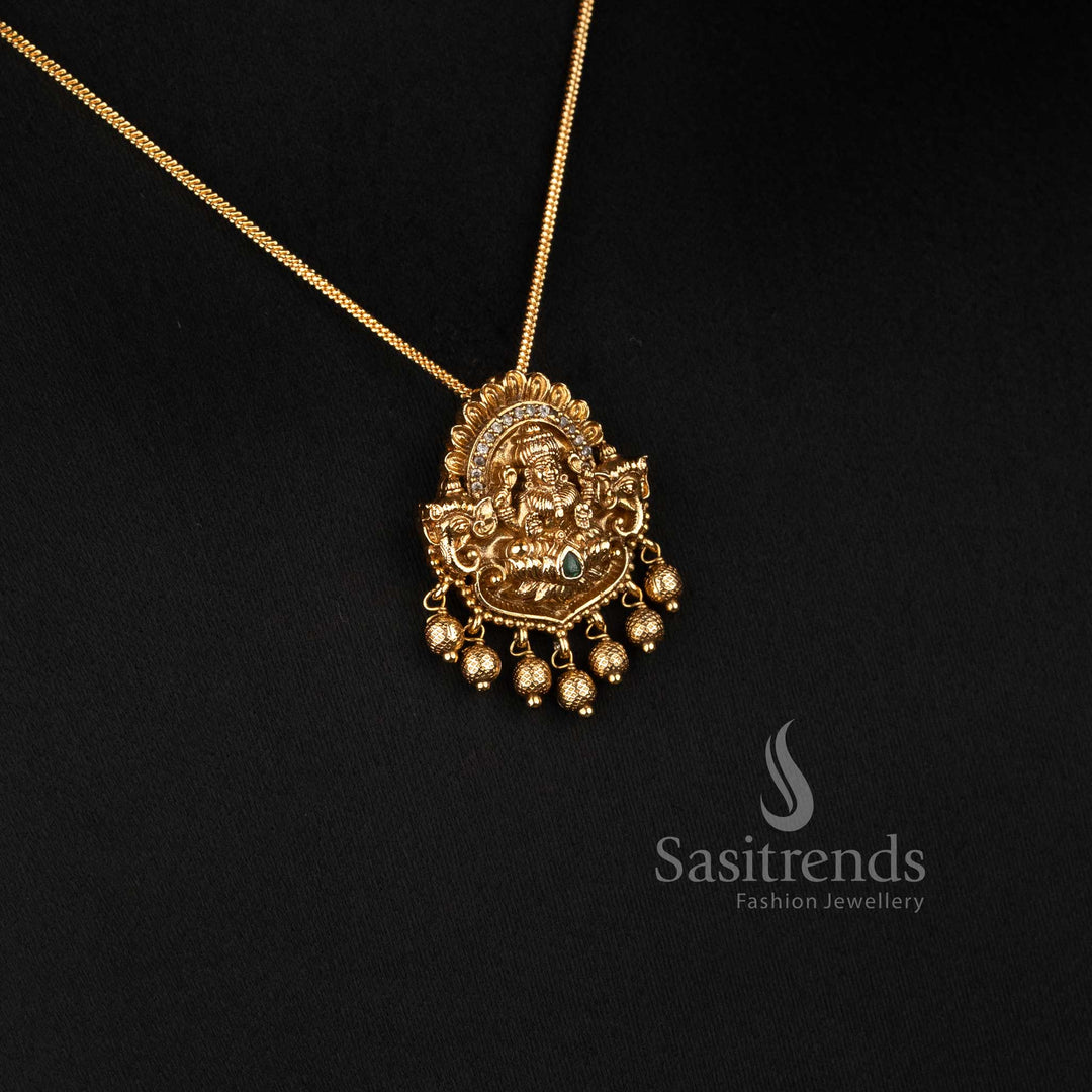 Micro Gold Plated Chain with Matte Gold Plated Goddess Lakshmi Temple Pendant Set with Matching Elephant Motif Earrings - Sasitrends