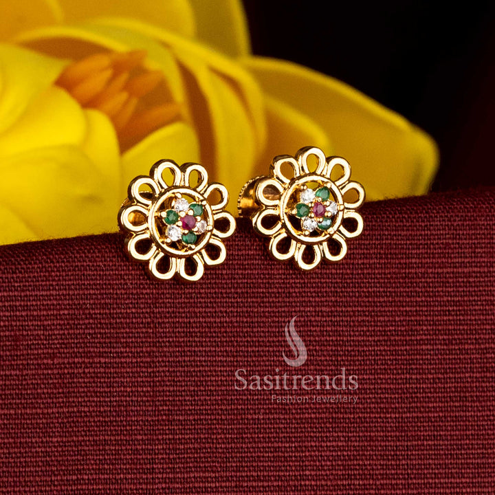 Beautifully Crafted One Gram 24K Micro Gold Plated Floral Frame Stud Earrings with Circular AD Stone Cluster