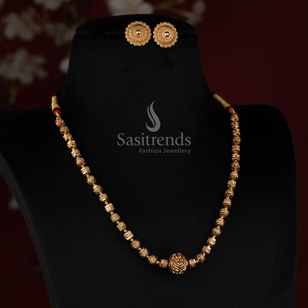 Sasitrends 2365H antique gold plated traditional temple style square bead long necklace with detailed centre motif 