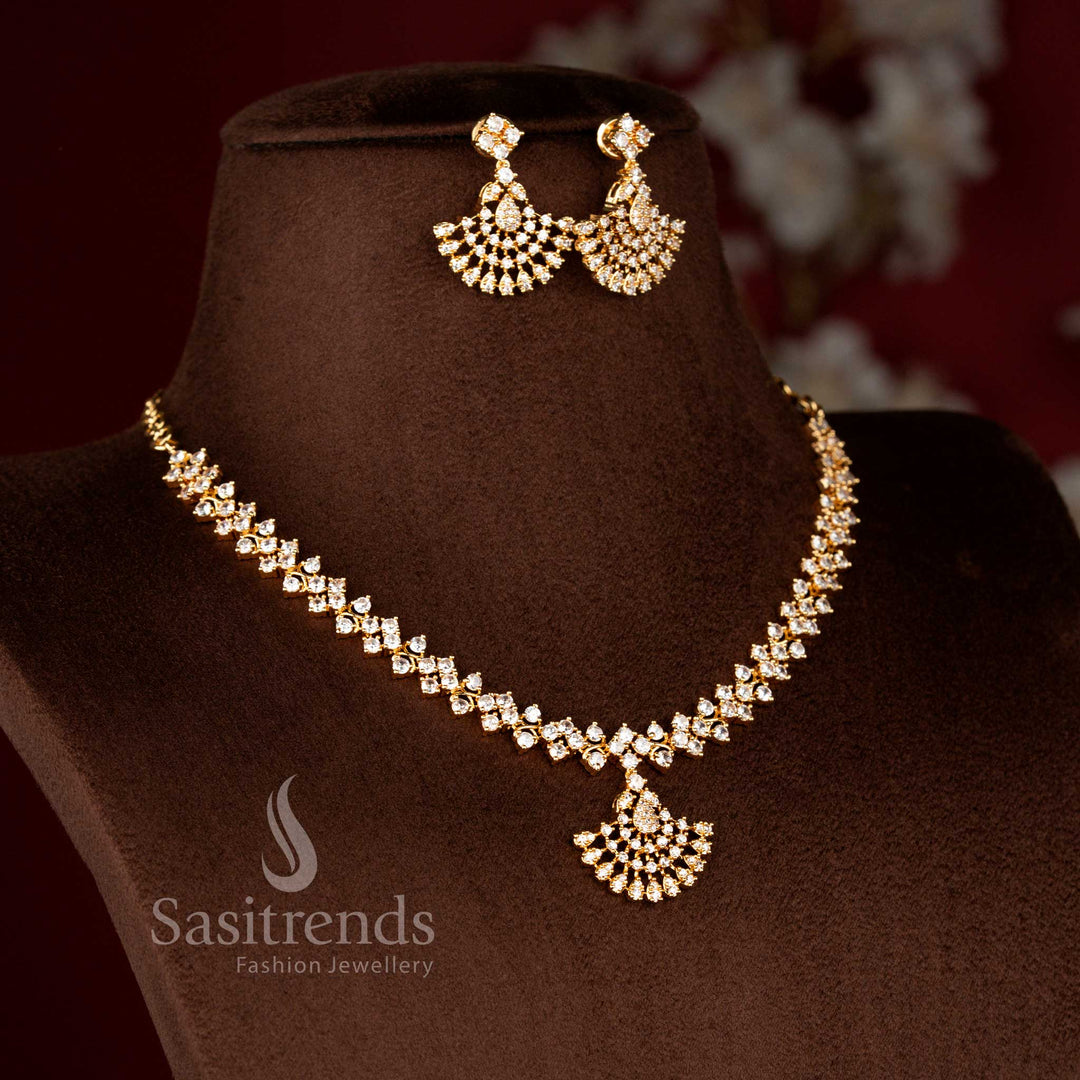 Sasitrends elegant white American Diamond micro gold plated necklace set with structured link chain and layered fan drop pendant design