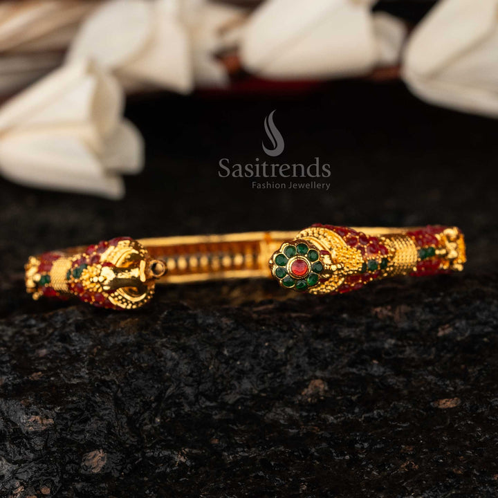 Luxurious high gold-finish Peacock Lakshmi openable Kada bangle, adorned with ruby-green stones, an exquisite heritage traditional jewellery piece for women - Sasitrends