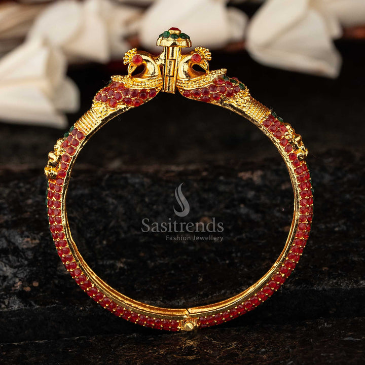Latest high gold-plated Peacock Lakshmi openable Kada bangle, designed with ruby-green stones, a stunning traditional ethnic jewellery piece for women - Sasitrends