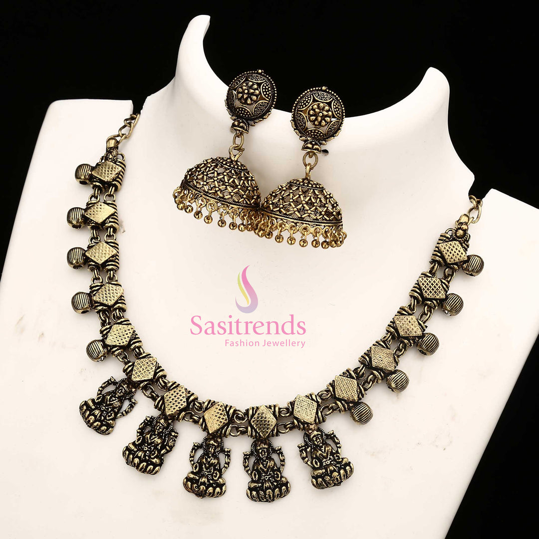 Antique oxidised gold pendant jhumka earrings jewellery set for cultural occasions with vintage temple design flair - Sasitrends


