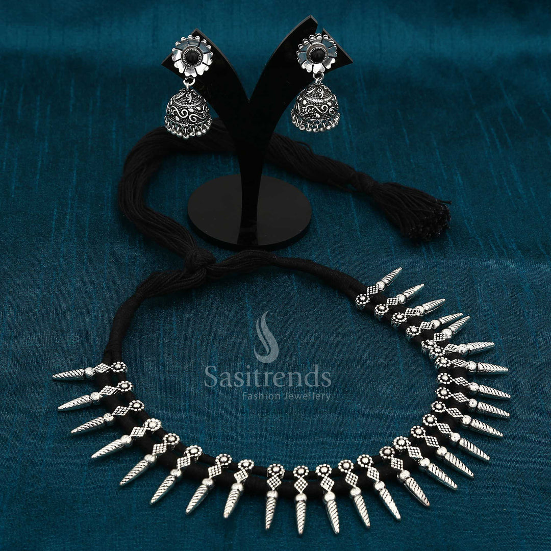 Rustic oxidised German silver thread necklace jewellery set for cultural occasions with vintage styling - Sasitrends