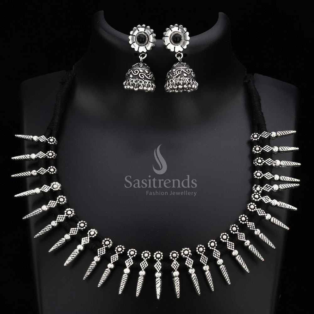 Classic oxidised German silver thread necklace jewellery set with minimalist charm and traditional beauty - Sasitrends