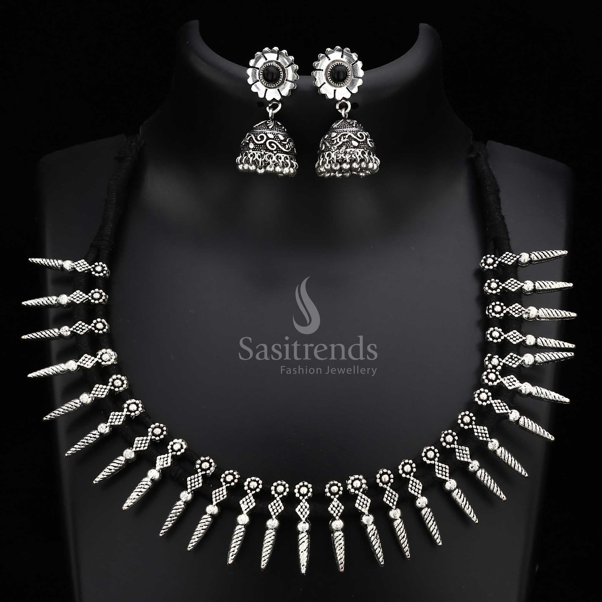 Classic oxidised German silver thread necklace jewellery set with minimalist charm and traditional beauty - Sasitrends