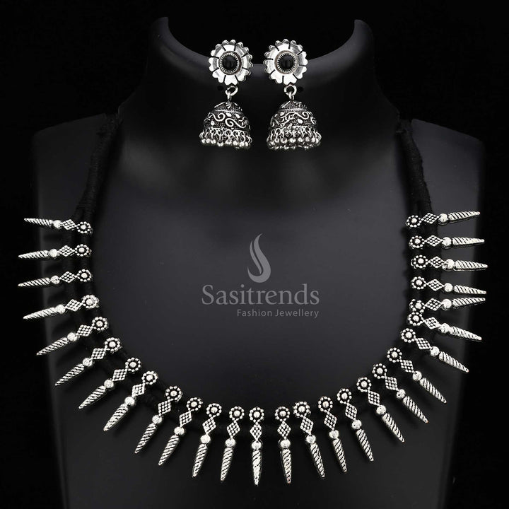Classic oxidised German silver thread necklace jewellery set with minimalist charm and traditional beauty - Sasitrends