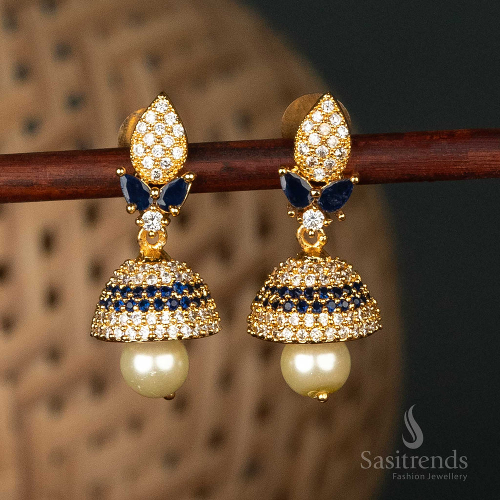 Micro gold plated AD jhumka white-Blue with pearl for festival wear-Sasitrends