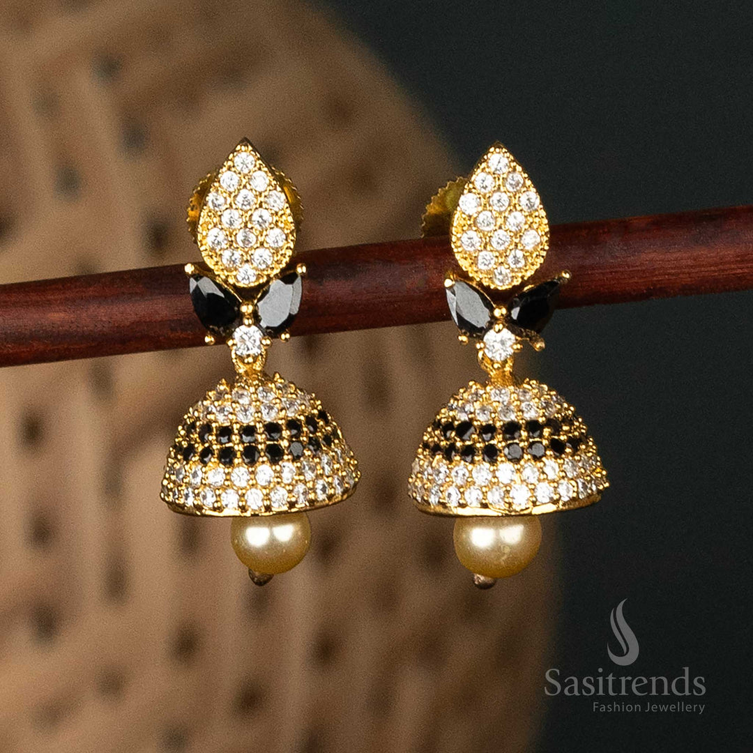 Micro gold plated white black AD jhumka with pearl for traditional wear- Sasitrends