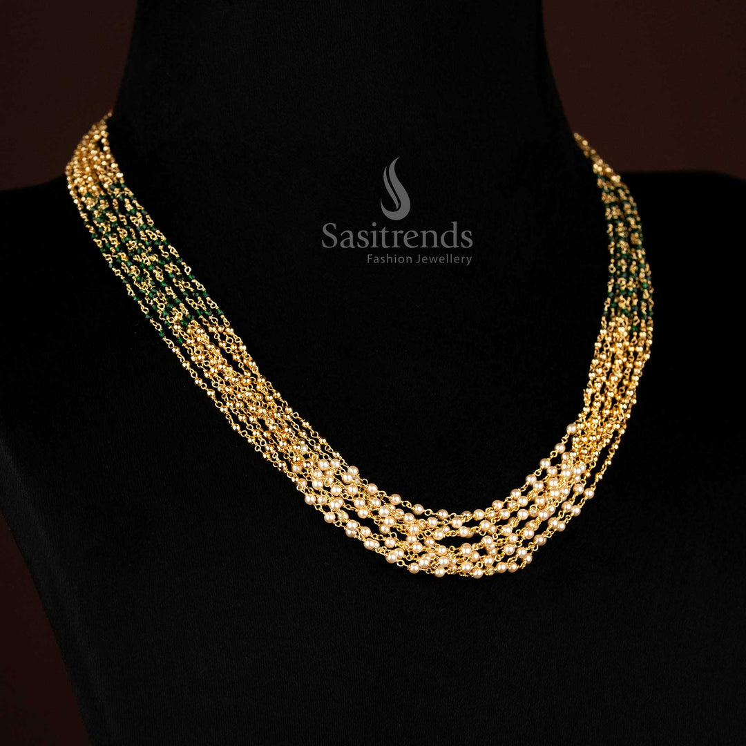 Traditional 24k gold plated pearl, green bead & golden bead multi layer necklace - Sasitrends