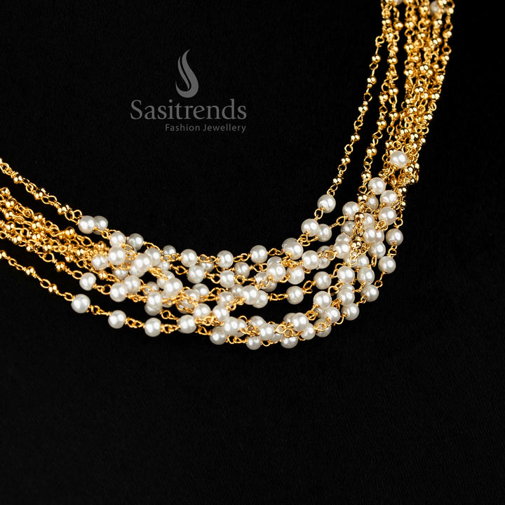 Opulent multi-layer gold Maalai necklace with pearl accents, ideal for bridal elegance and festive saree or lehenga styling – Sasitrends