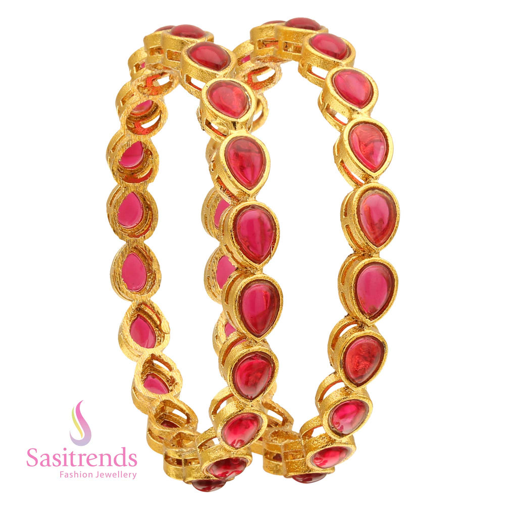 Charming pink gold-plated water drop Kemp stone bangles set, perfect for saree looks and ethnic occasions – Sasitrends
