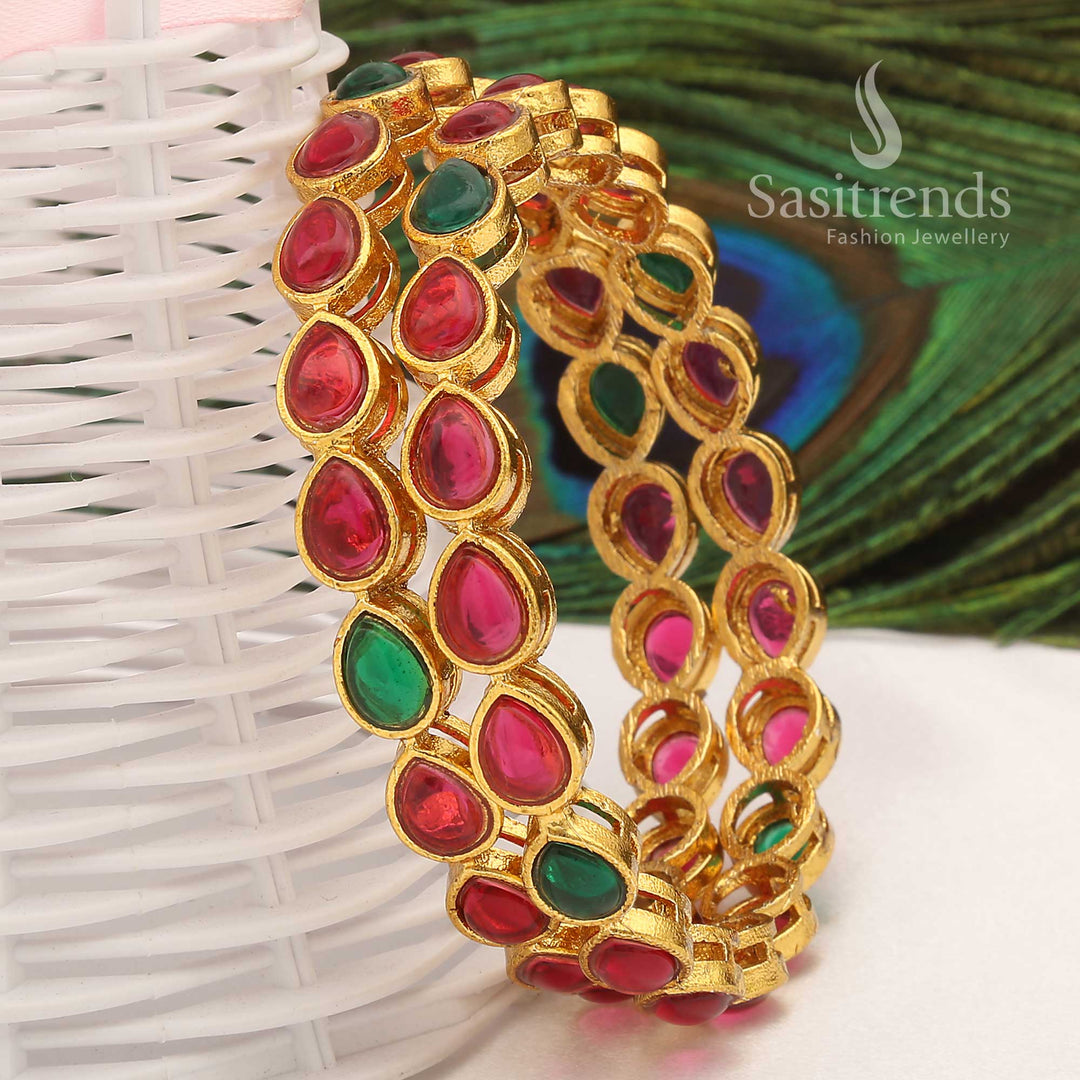 Vibrant antique gold plated pink-green water drop kemp stone bangles offering a unique fusion of tradition and modernity in festive jewellery for saree wear – Sasitrends