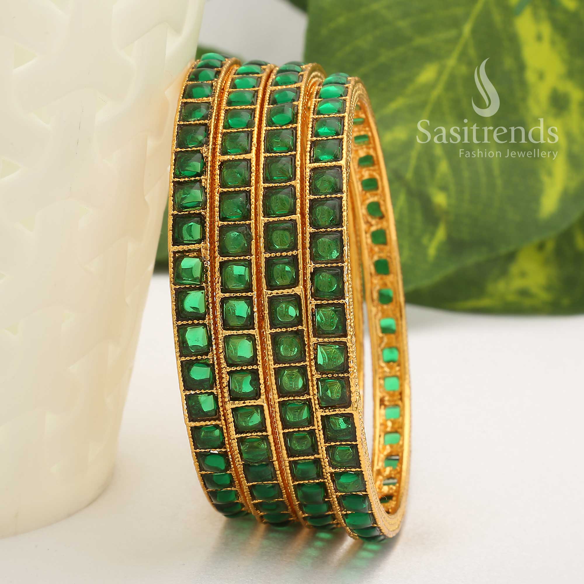 Elegant green antique gold square Kemp stone bangles made for saree ensembles and rich ethnic traditional jewellery looks – Sasitrends