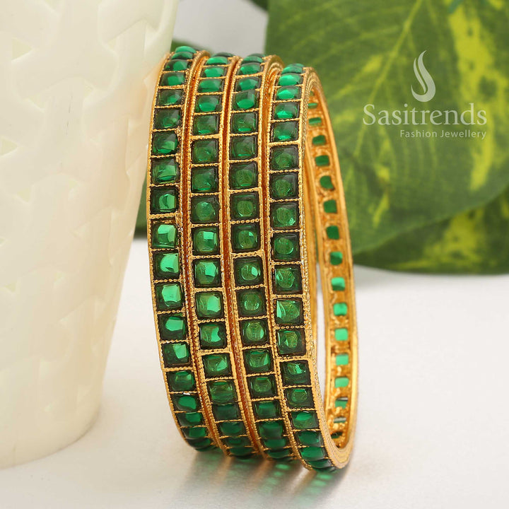 Elegant green antique gold square Kemp stone bangles made for saree ensembles and rich ethnic traditional jewellery looks – Sasitrends