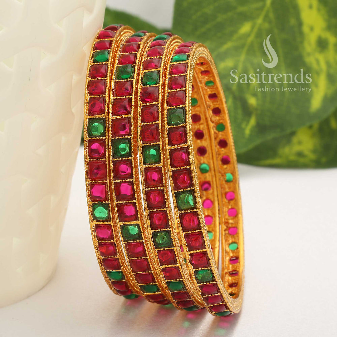 Vibrant pink-green square kemp stone antique gold plated bangles designed for traditional saree jewellery, radiating festive charm and richness – Sasitrends