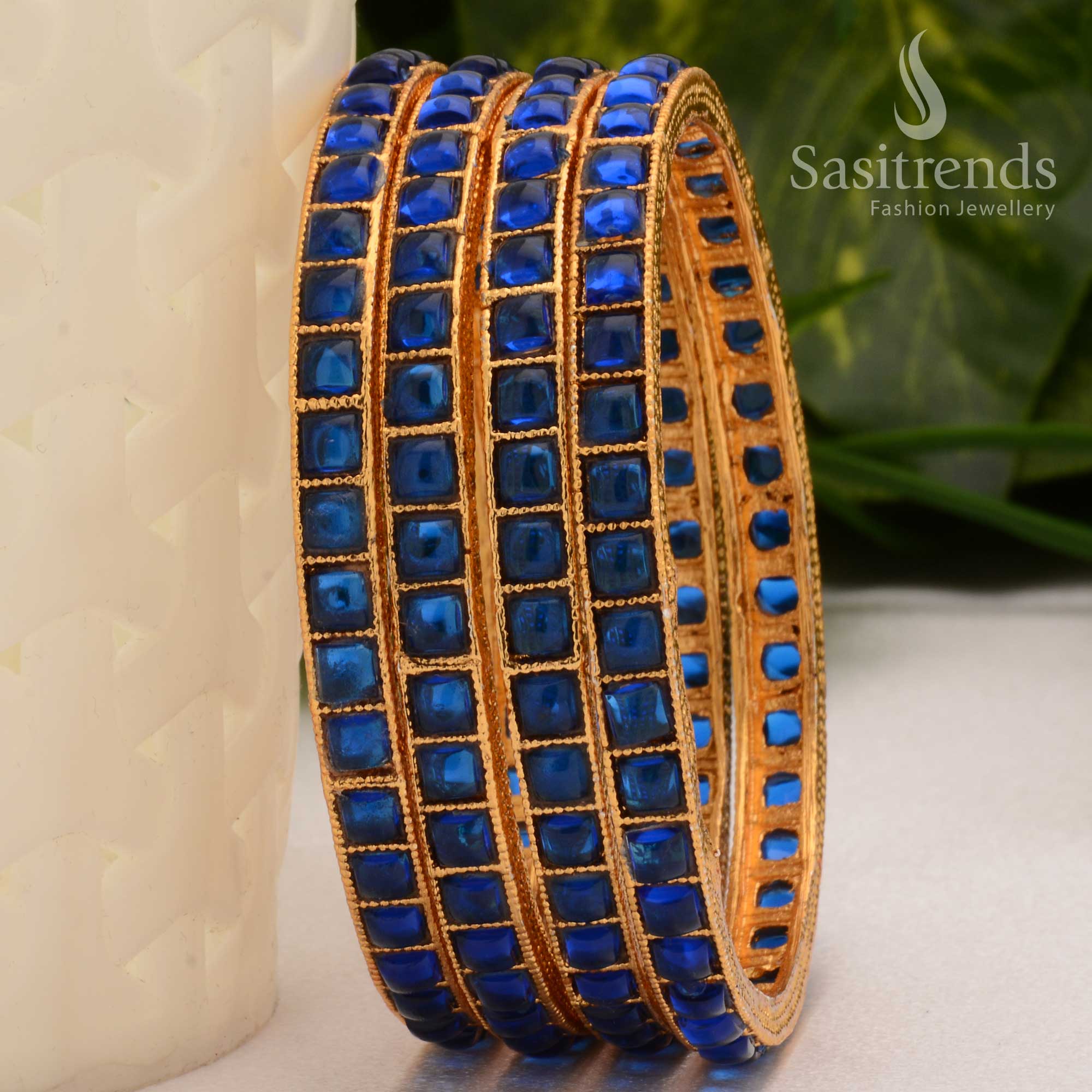 Majestic blue square Kemp stone bangles in antique gold, ideal for traditional saree jewellery and grand festive occasions – Sasitrends