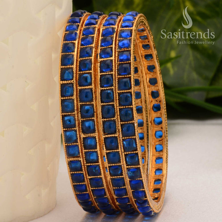 Majestic blue square Kemp stone bangles in antique gold, ideal for traditional saree jewellery and grand festive occasions – Sasitrends