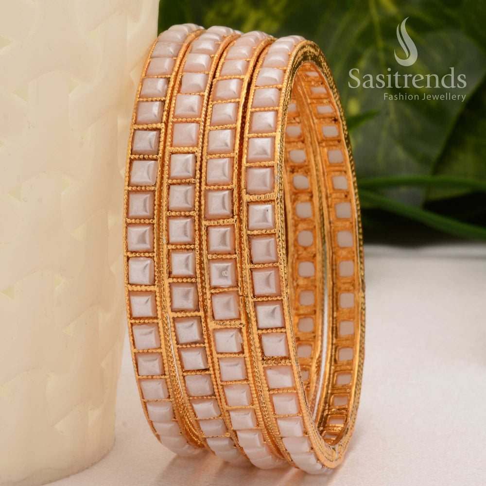 Pure white antique gold square Kemp bangles, perfect for traditional saree wear and festive elegance in ethnic jewellery collections – Sasitrends