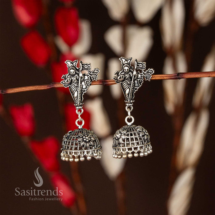 Oxidised Jhumka Earrings with Goddess Motif and Floral Dome Danglers - Sasitrends