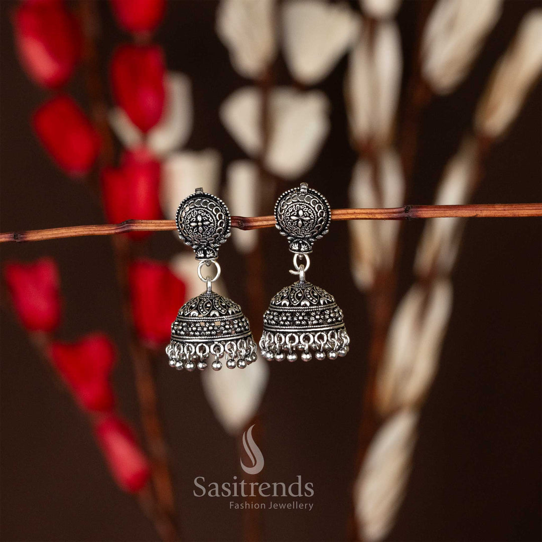 Oxidised silver jhumka earrings featuring a floral mandala-inspired stud design with a classic jhumka drop, perfect for ethnic accessorizing - Sasitrends