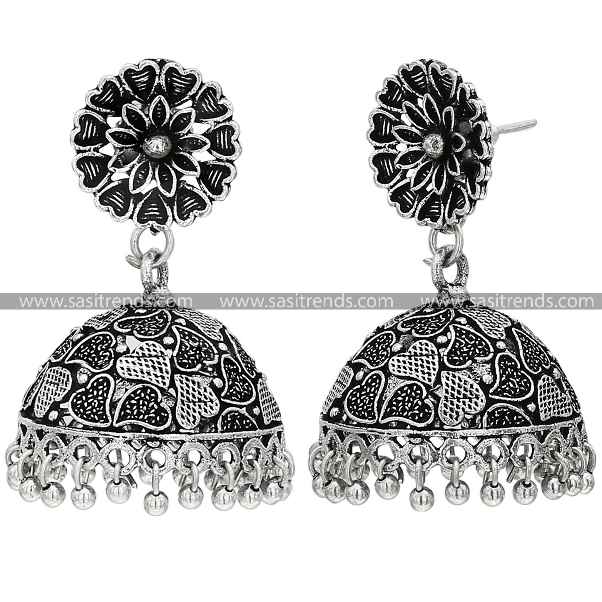Classic Oxidised Silver Jhumkas with Delicate Heart Embellishments 