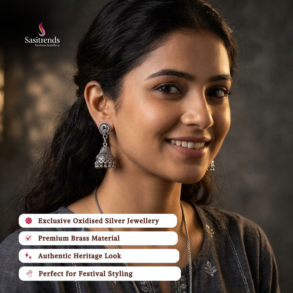 Oxidised jhumka earrings model image - Sasitrends