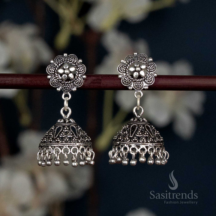 Oxidised Floral Studded Jhumka Earrings with Beaded Fringe - Sasitrends