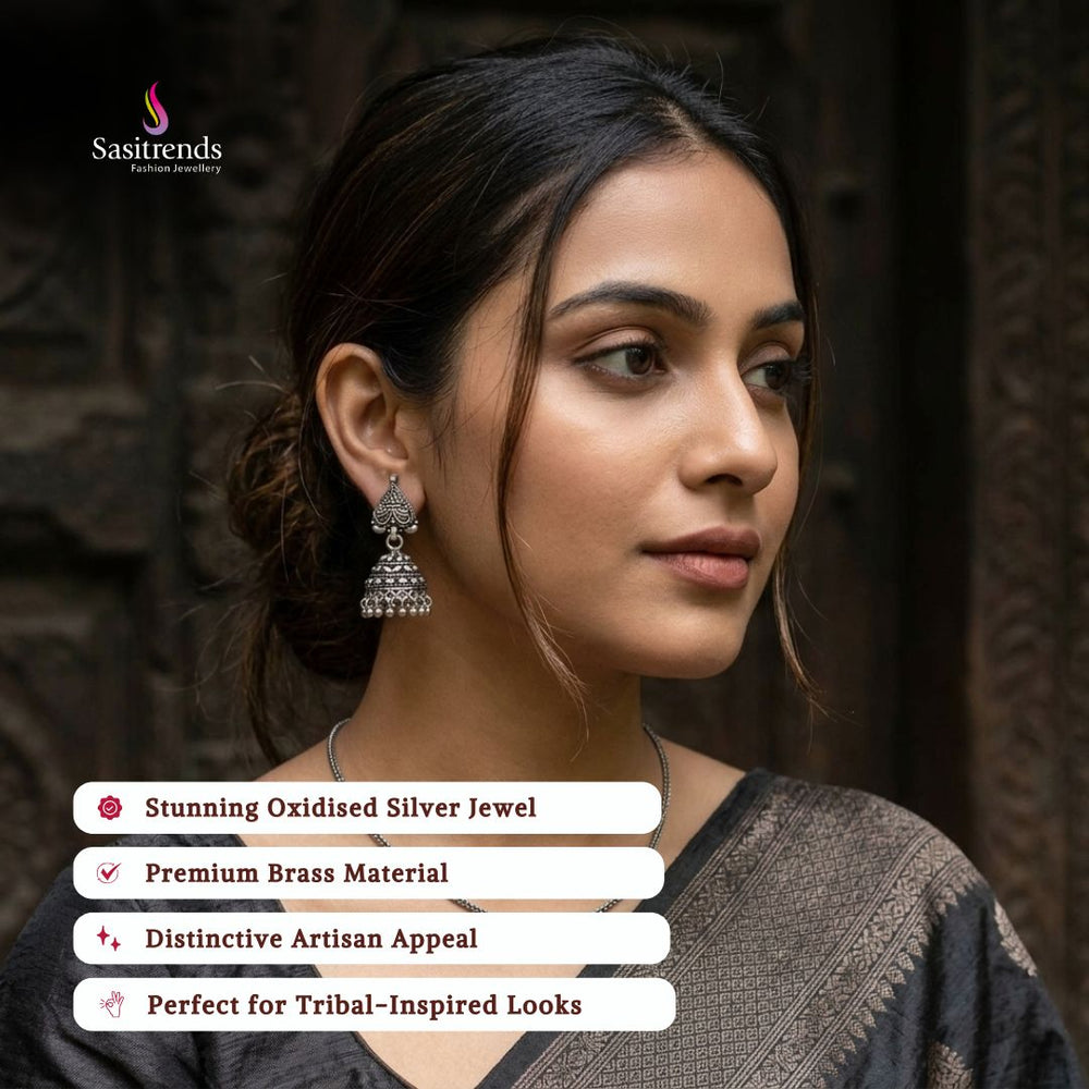 Oxidised jhumka earrings model image - Sasitrends