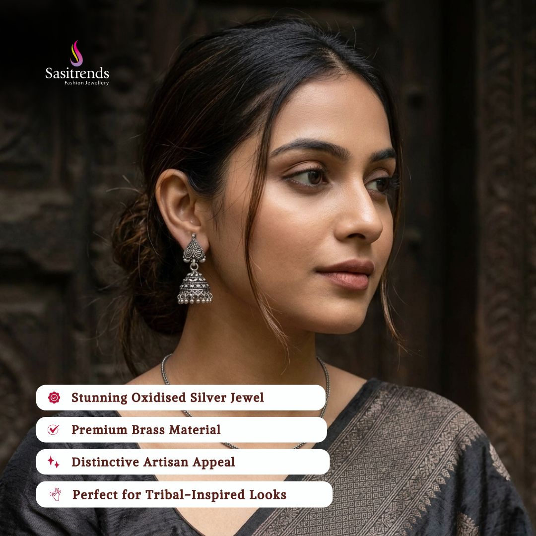 Oxidised jhumka earrings model image - Sasitrends