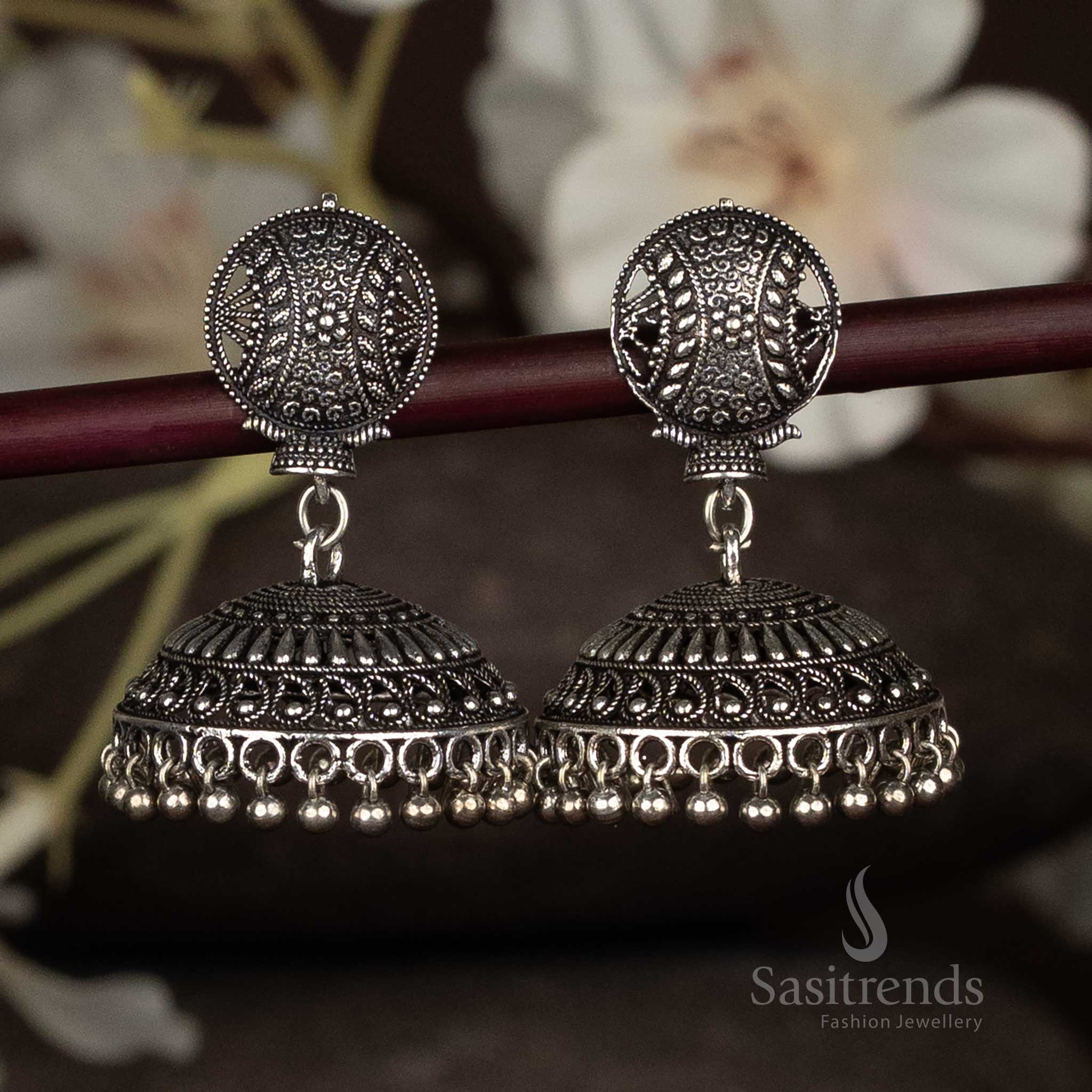 Oxidised antique jhumka earrings with dome shape and tribal details – Sasitrends