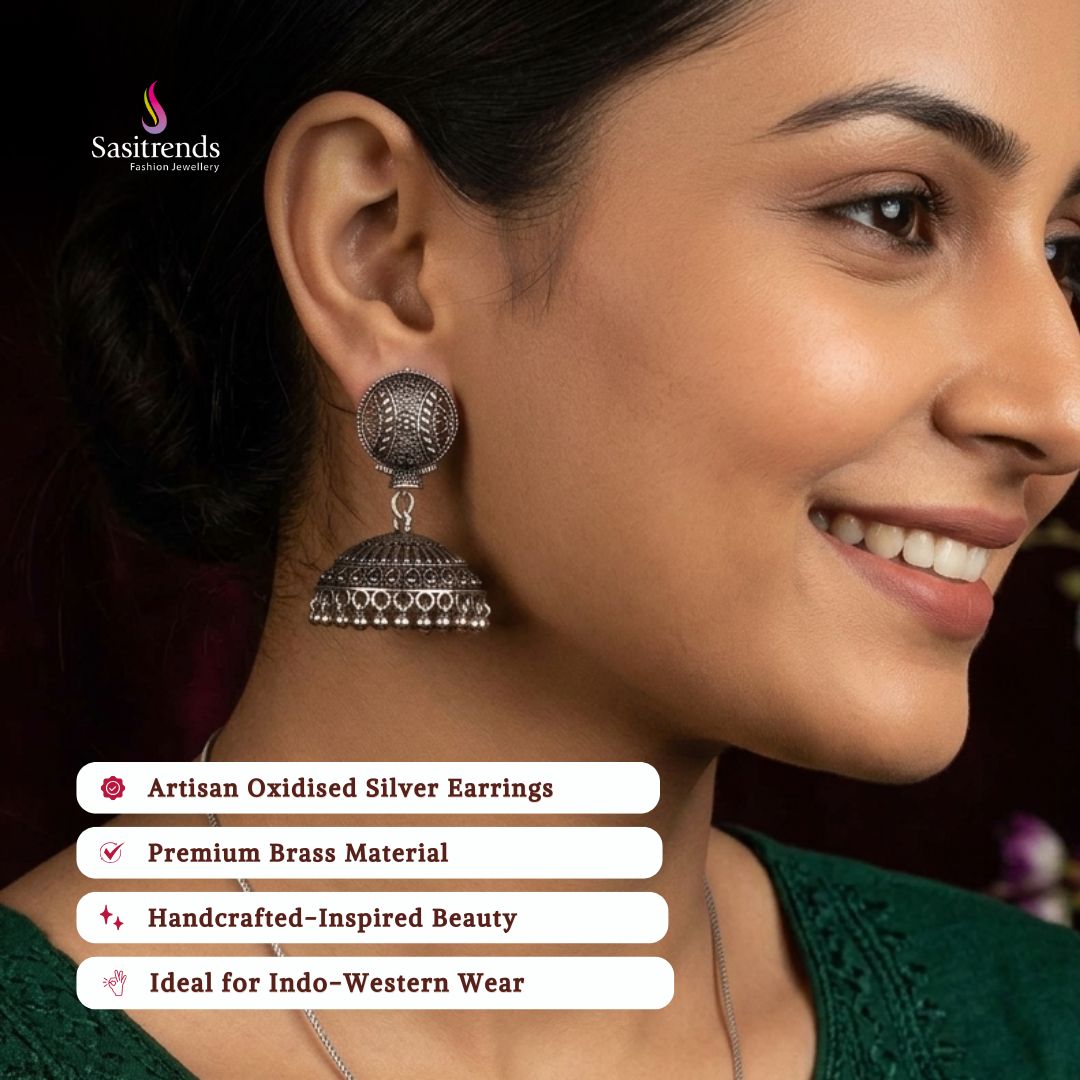 Oxidised jhumka earrings model image - Sasitrends