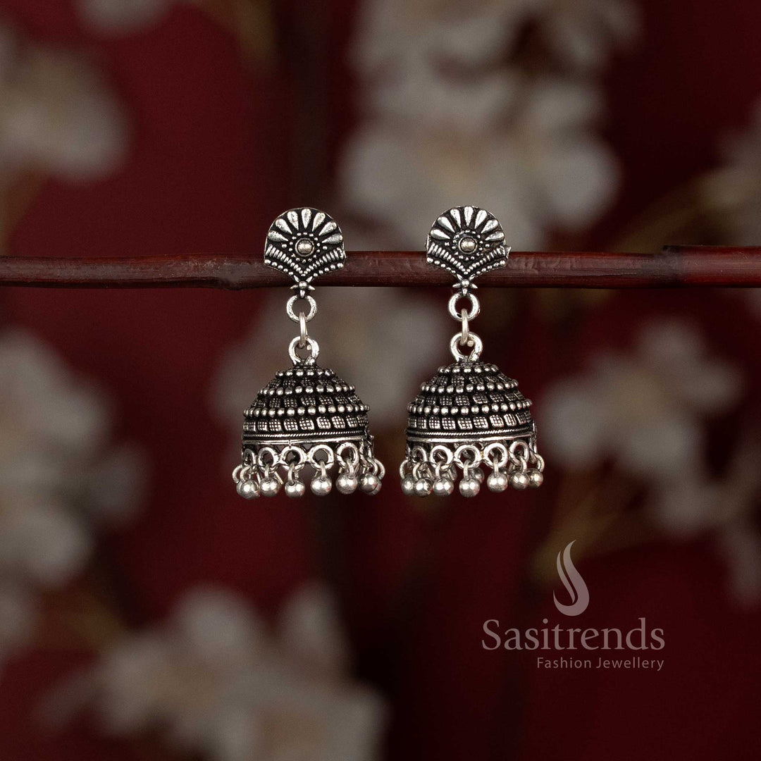 Traditional tribal style oxidised fan stud jhumka earrings with ghungroo drops - Sasitrends