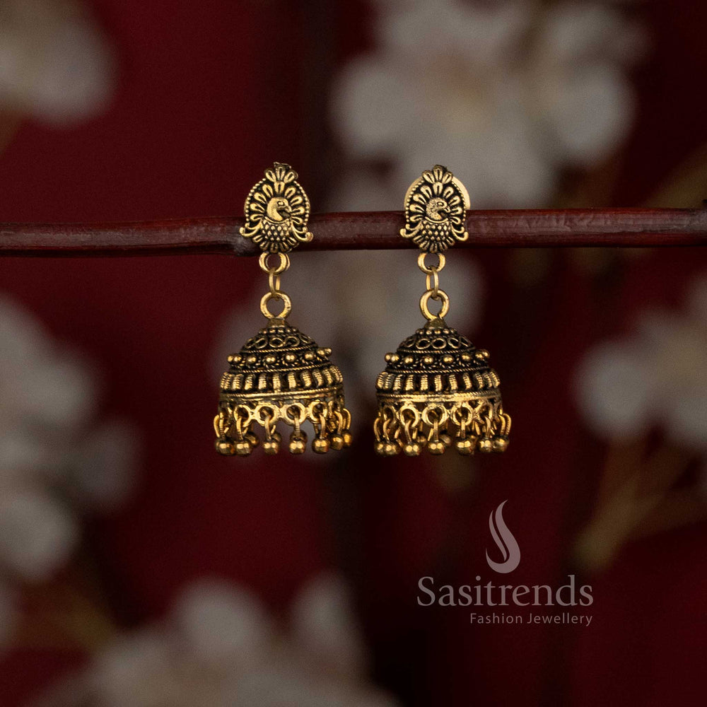 Oxidised Dancing Peacock Stud Granulated Dome Jhumka Earrings for Navarathiri Wear Sasitrends