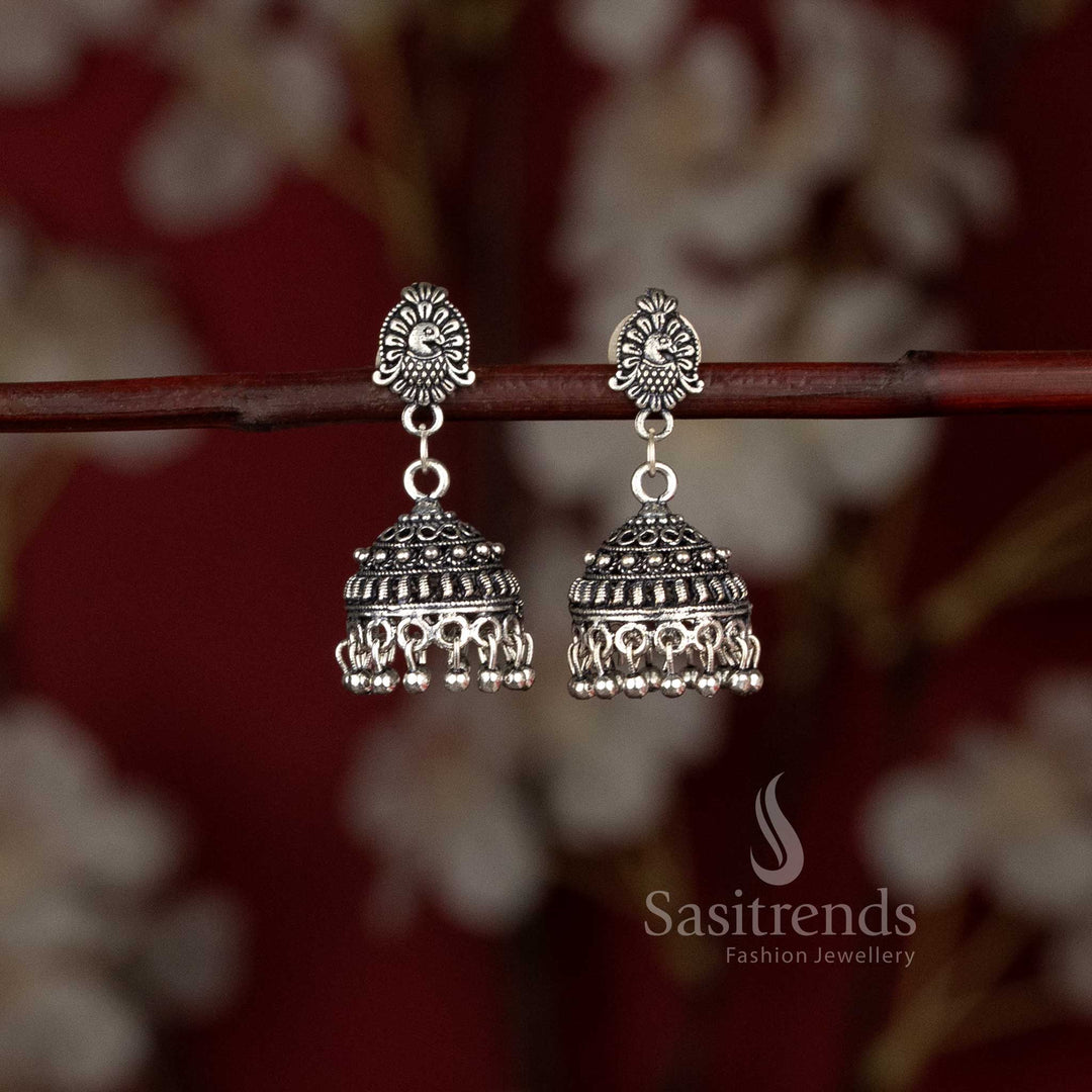 Oxidised Dancing Peacock Stud Granulated Dome Jhumka Earrings for Navarathiri Wear Sasitrends