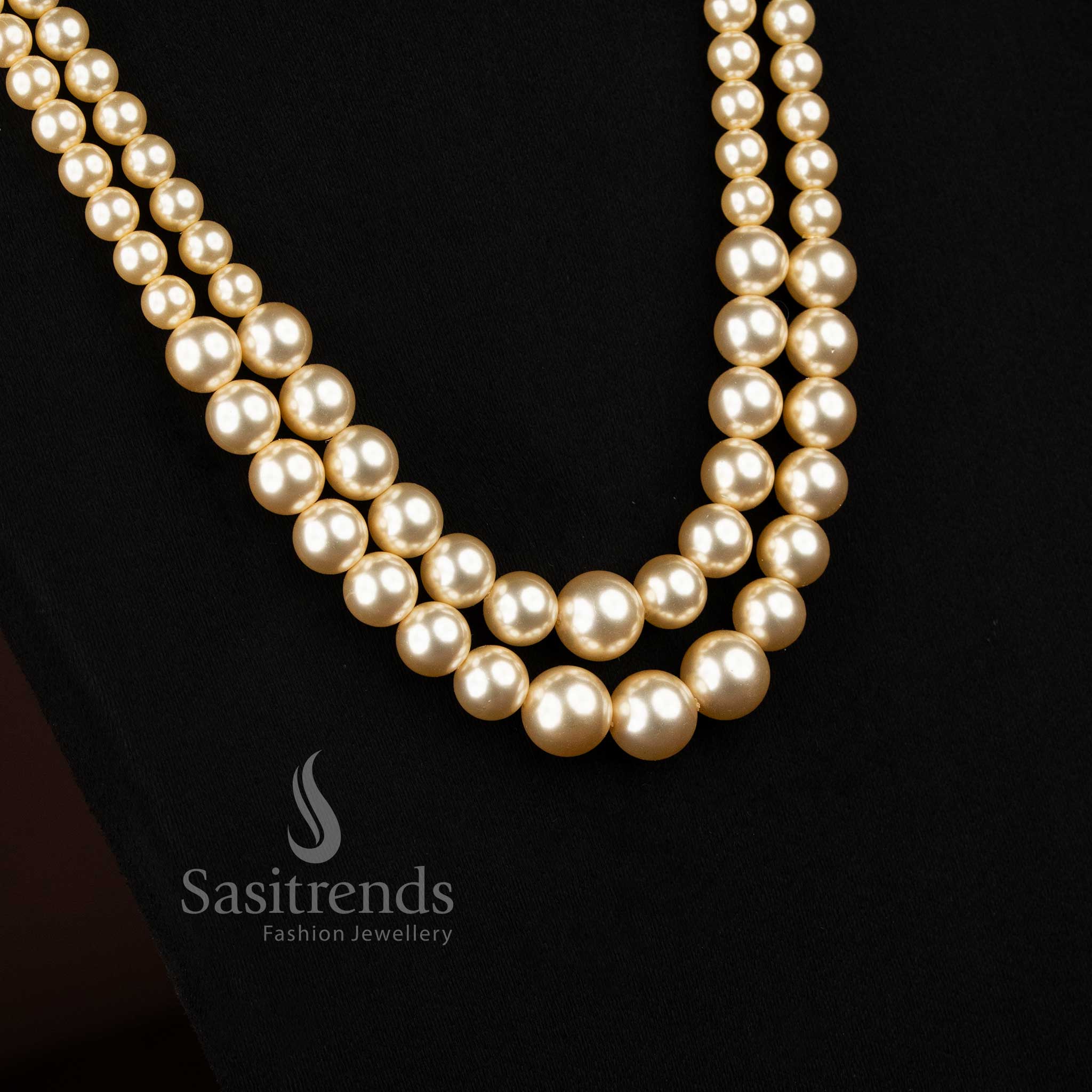 Guaranteed one gram micro gold plated double layer pearl mala long necklace real gold look - Sasitrends