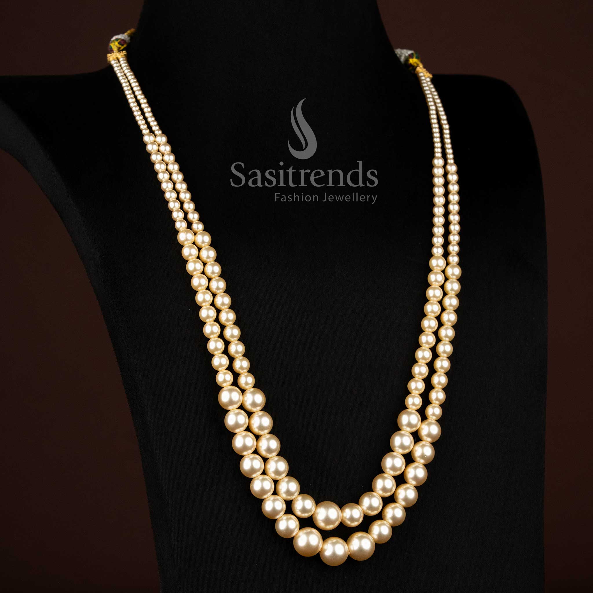 Guaranteed 24K micro gold plated double layer pearl mala long necklace real gold look - Sasitrends