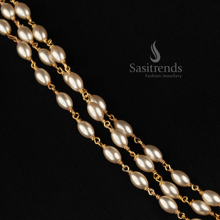 Traditional One Gram Gold Plated Three Layer Rice Pearl Strand Mala Necklace - Sasitrends