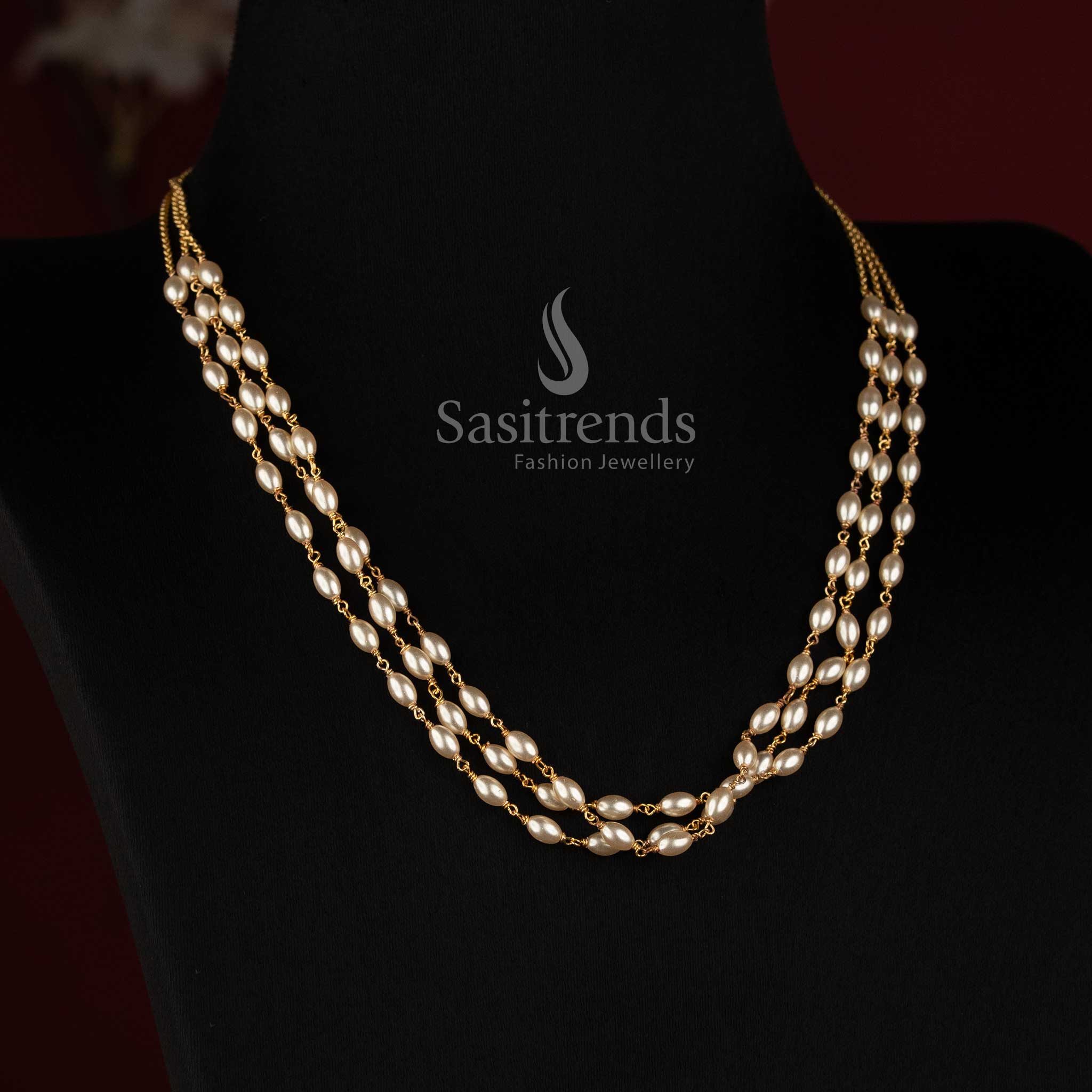 One Gram Gold Plated Multi Layer Rice Pearl Mala Necklace for Women - Sasitrends