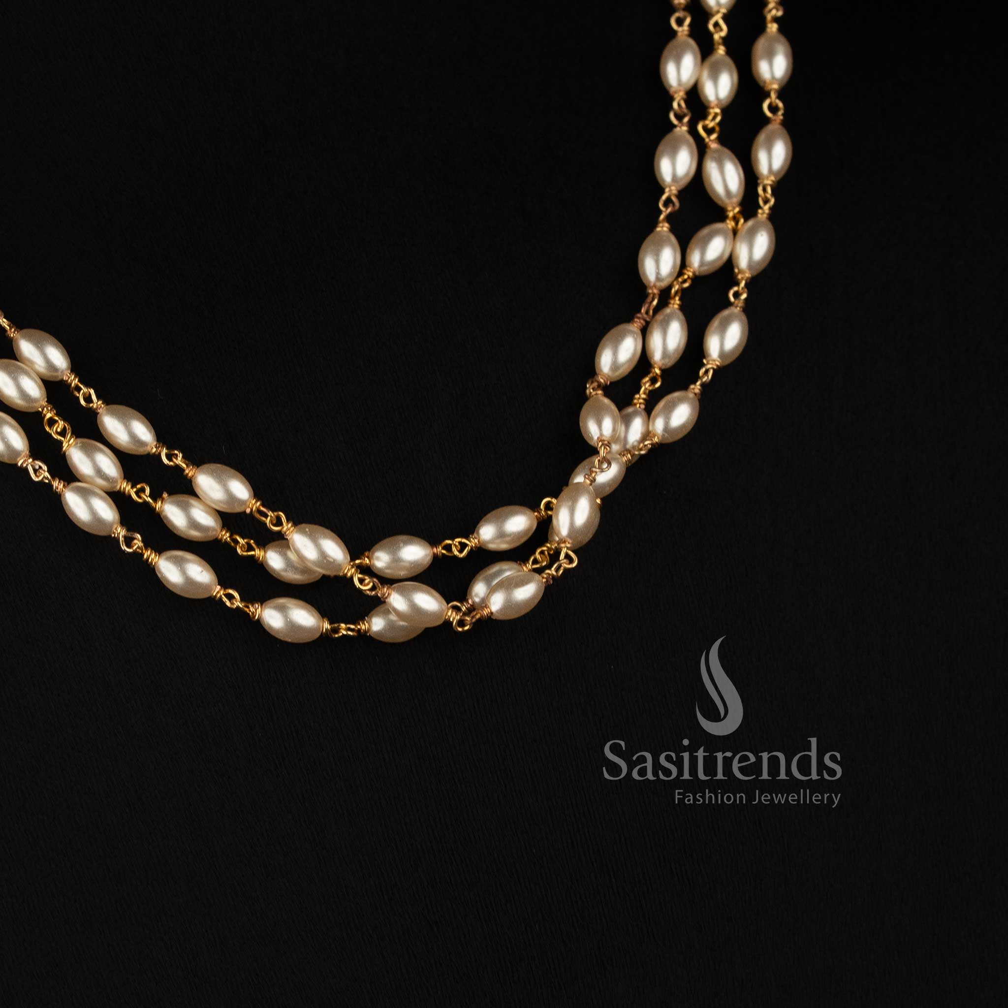 One Gram Gold Plated Multi Layer Rice Pearl Mala Necklace for Women - Sasitrends