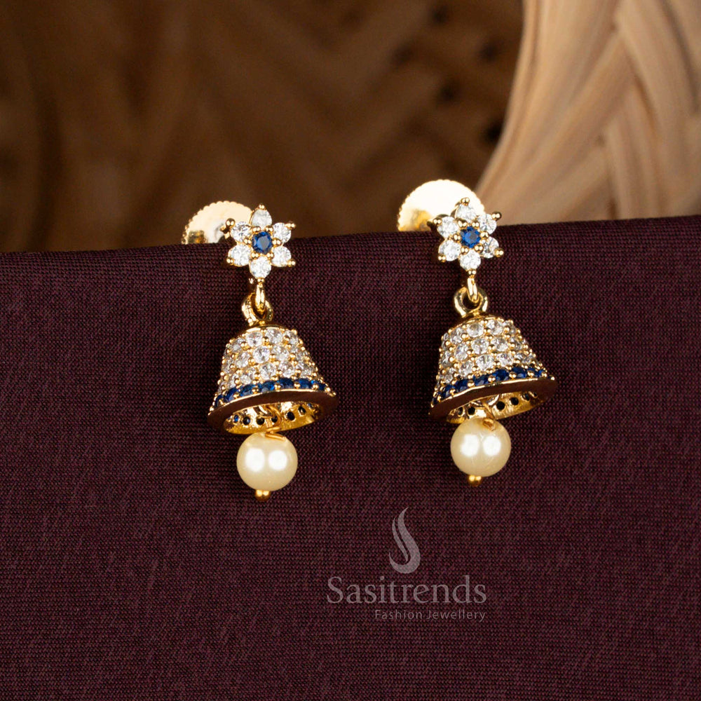Floral Top Micro Gold AD Stone Jhumkas with Pearl Drop  -Sasitrends 