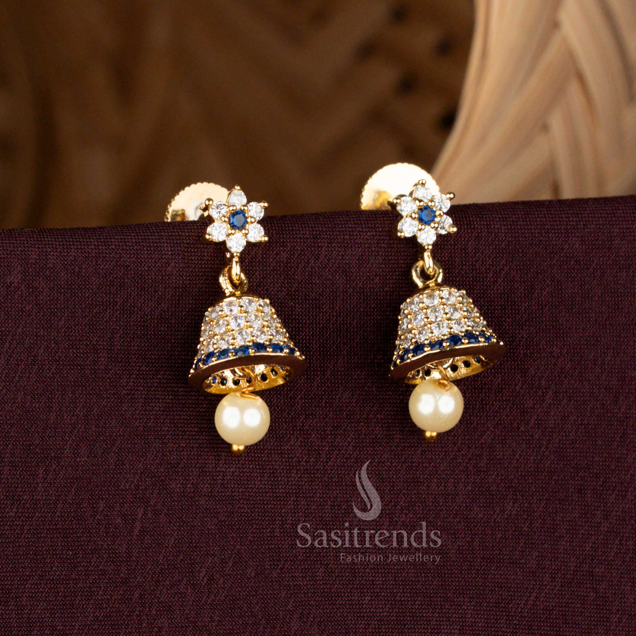 Floral Top Micro Gold AD Stone Jhumkas with Pearl Drop  -Sasitrends 