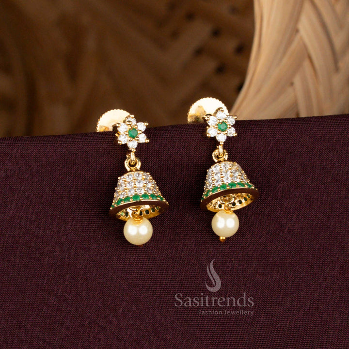 Floral Top Micro Gold AD Stone Jhumkas with Pearl Drop  -Sasitrends 