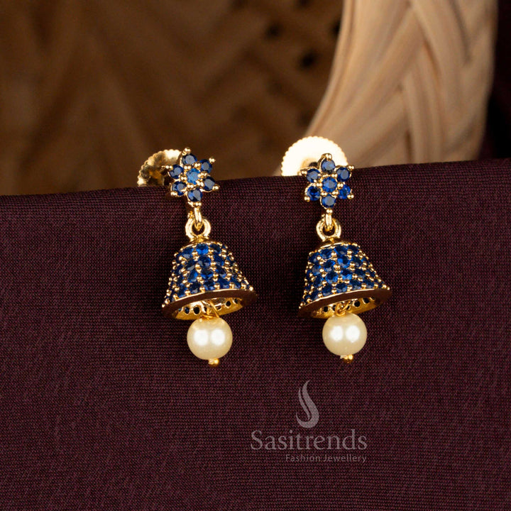 Floral Top Micro Gold AD Stone Jhumkas with Pearl Drop  -Sasitrends 
