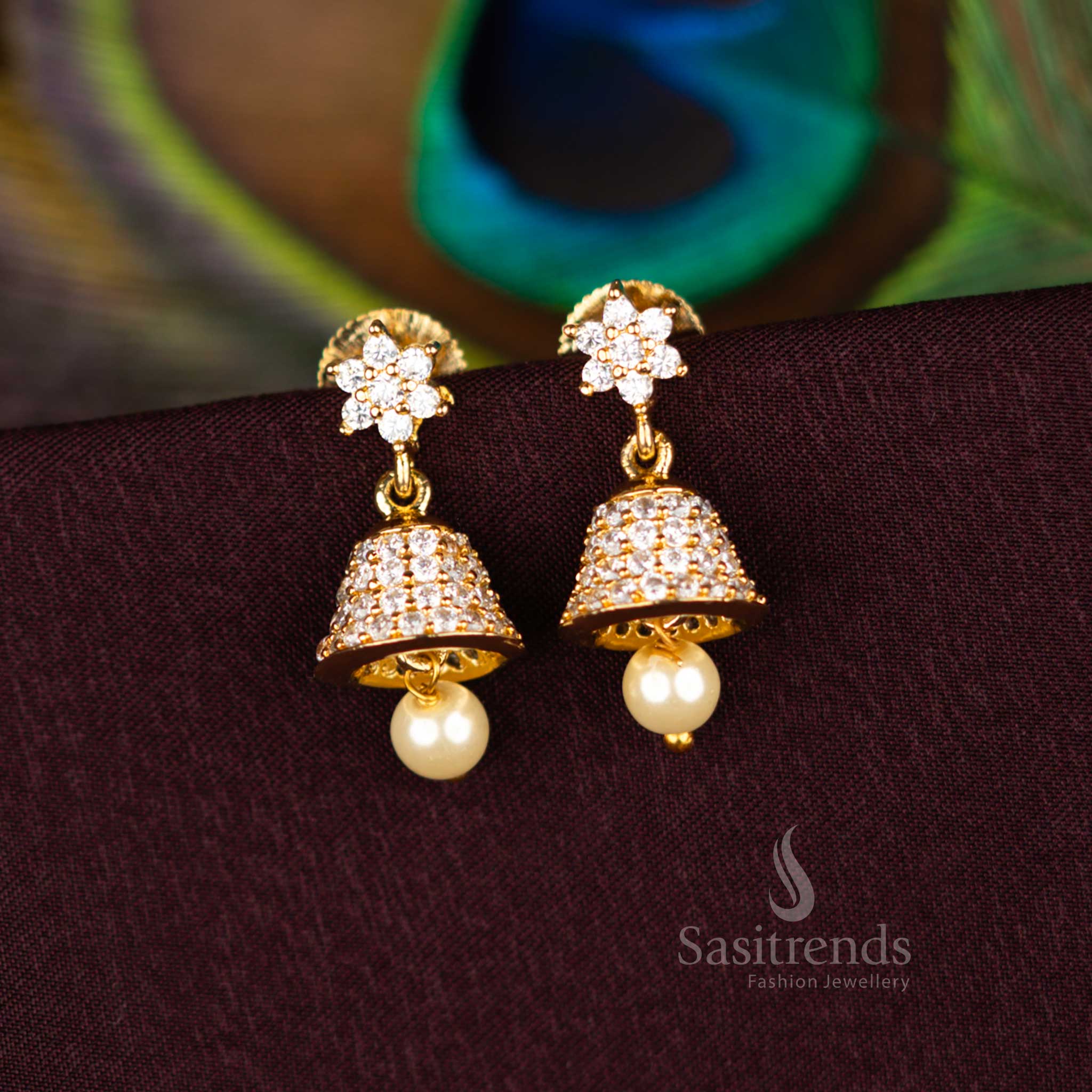 American Diamond Bell Jhumka Earrings with Gold Plating - Sasitrends
