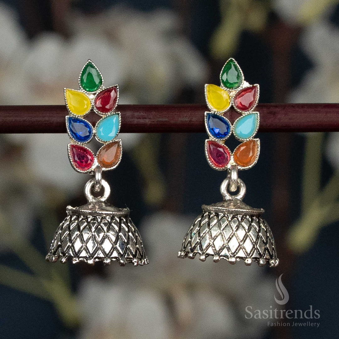 Exquisite Oxidised Stones Earrings In Multi-Tone Featuring Artistic German Silver Design, A Beautiful Accessory For Bridesmaids, Cultural Celebrations, And Ethnic Sarees – Sasitrends